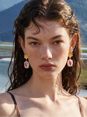 Pink Rose Porcelain Gold Earrings
